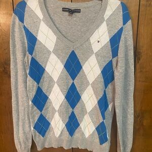 Tommy Hilfiger Women's V-Neck Argyle Sweater - Gray, Blue, and White